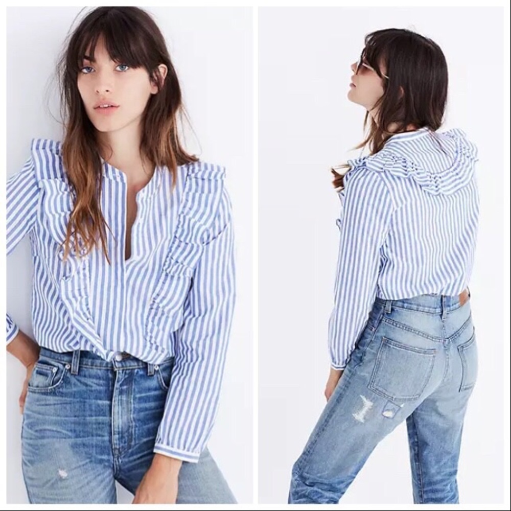 Madewell Striped Ruffle-Front Blouse XXS